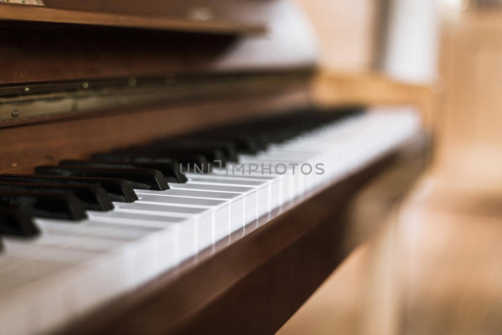 Rustic piano keys, close up picture. Classical instrument.