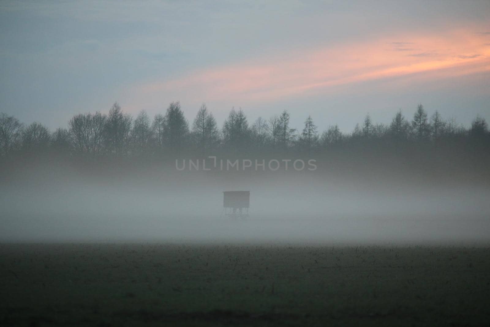 A landscape in the evening with fog and sunset