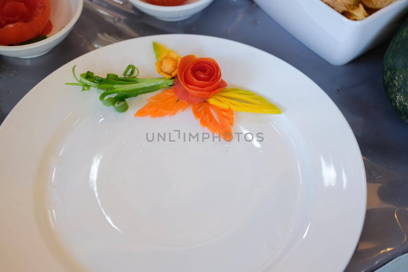 fruit vegetable carving. food decoration artwork in 'Thailand