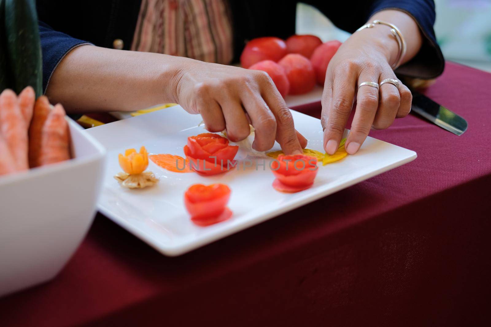 fruit vegetable carving. food decoration artwork in 'Thailand