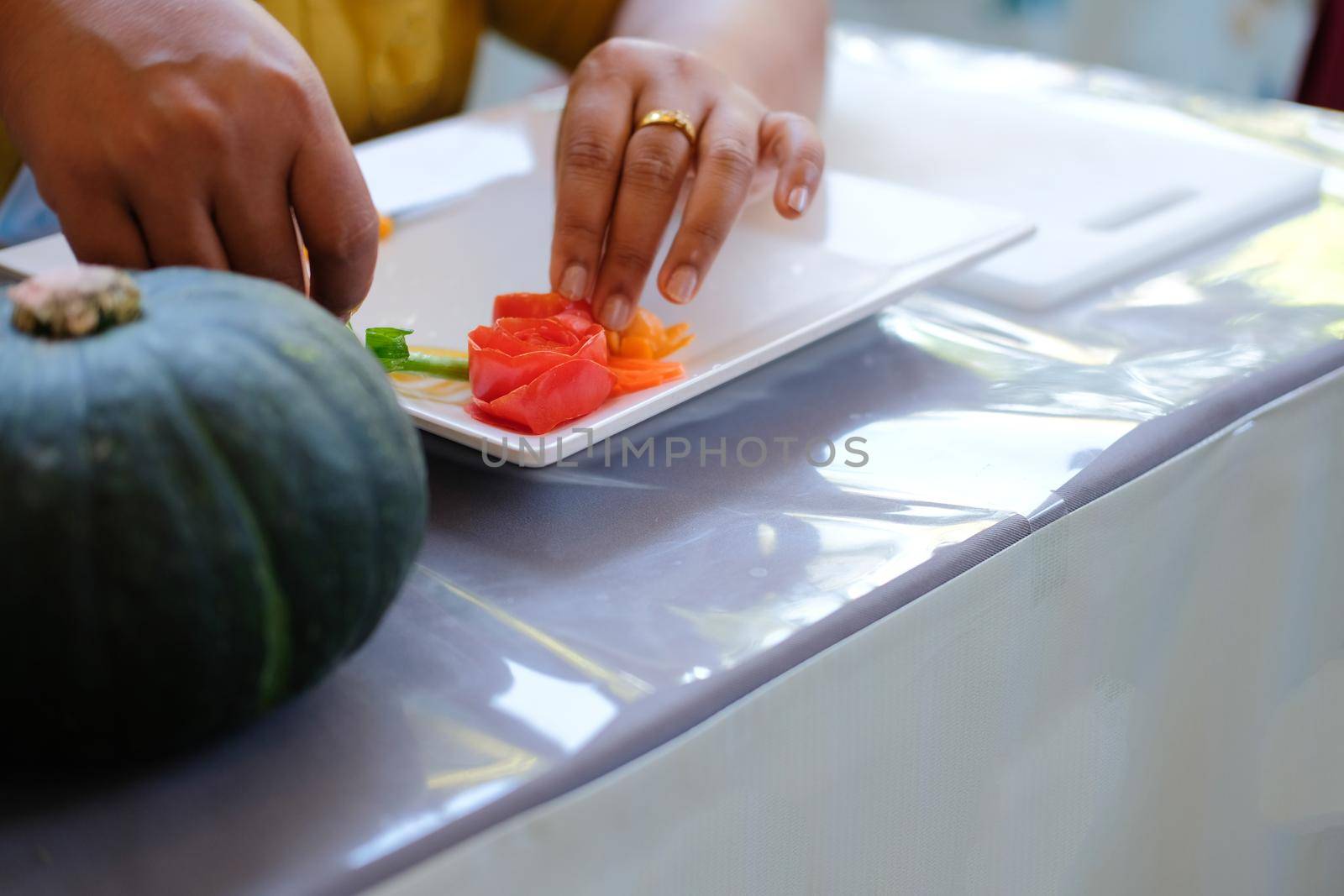 fruit vegetable carving. food decoration artwork in 'Thailand