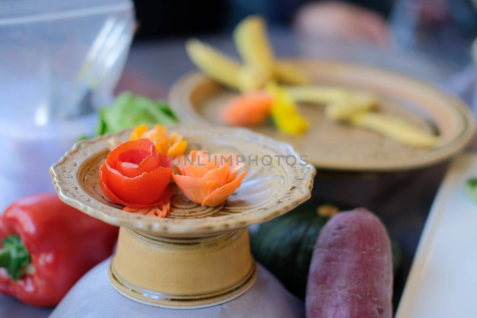 fruit vegetable carving. food decoration artwork in 'Thailand