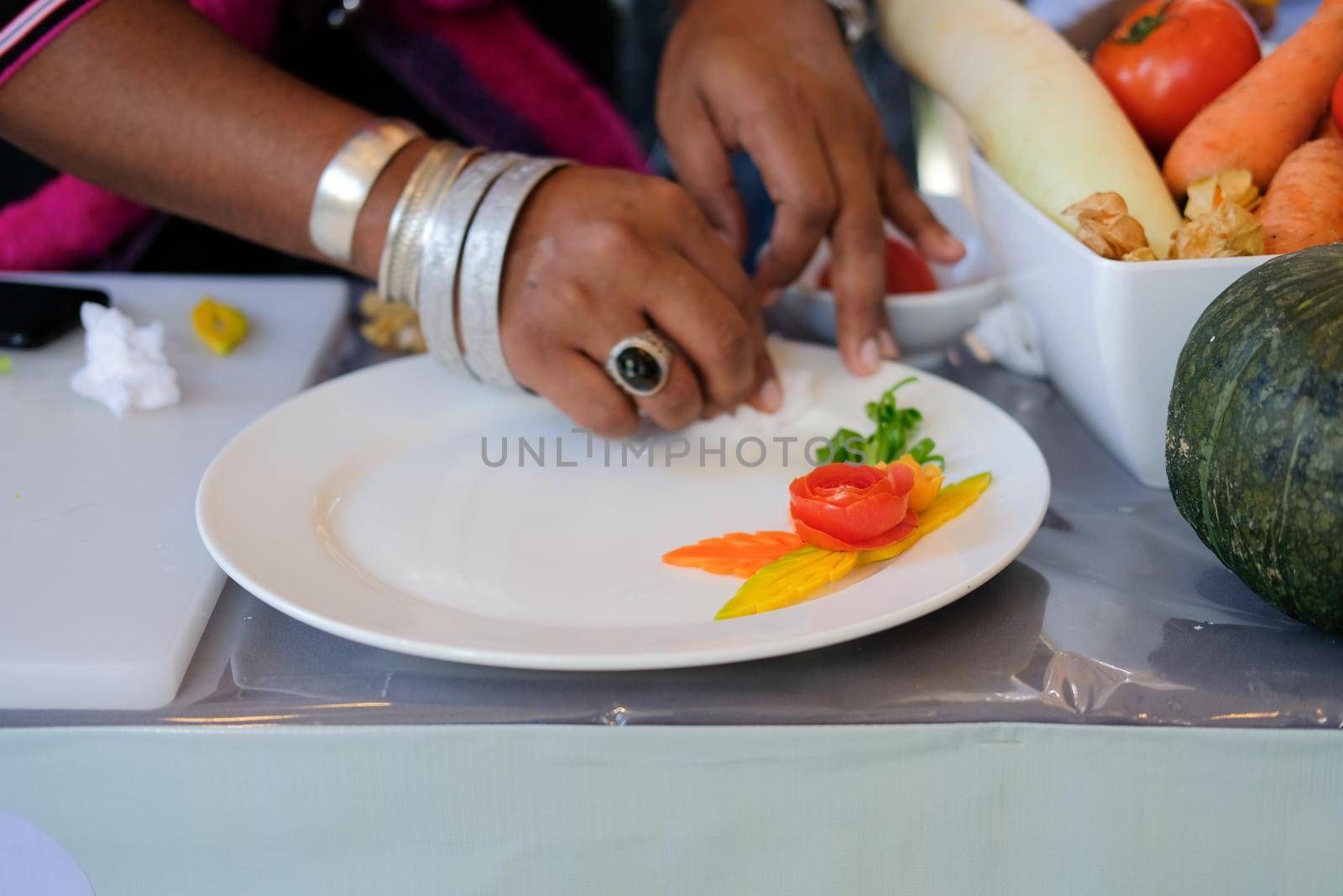 fruit vegetable carving. food decoration artwork in 'Thailand