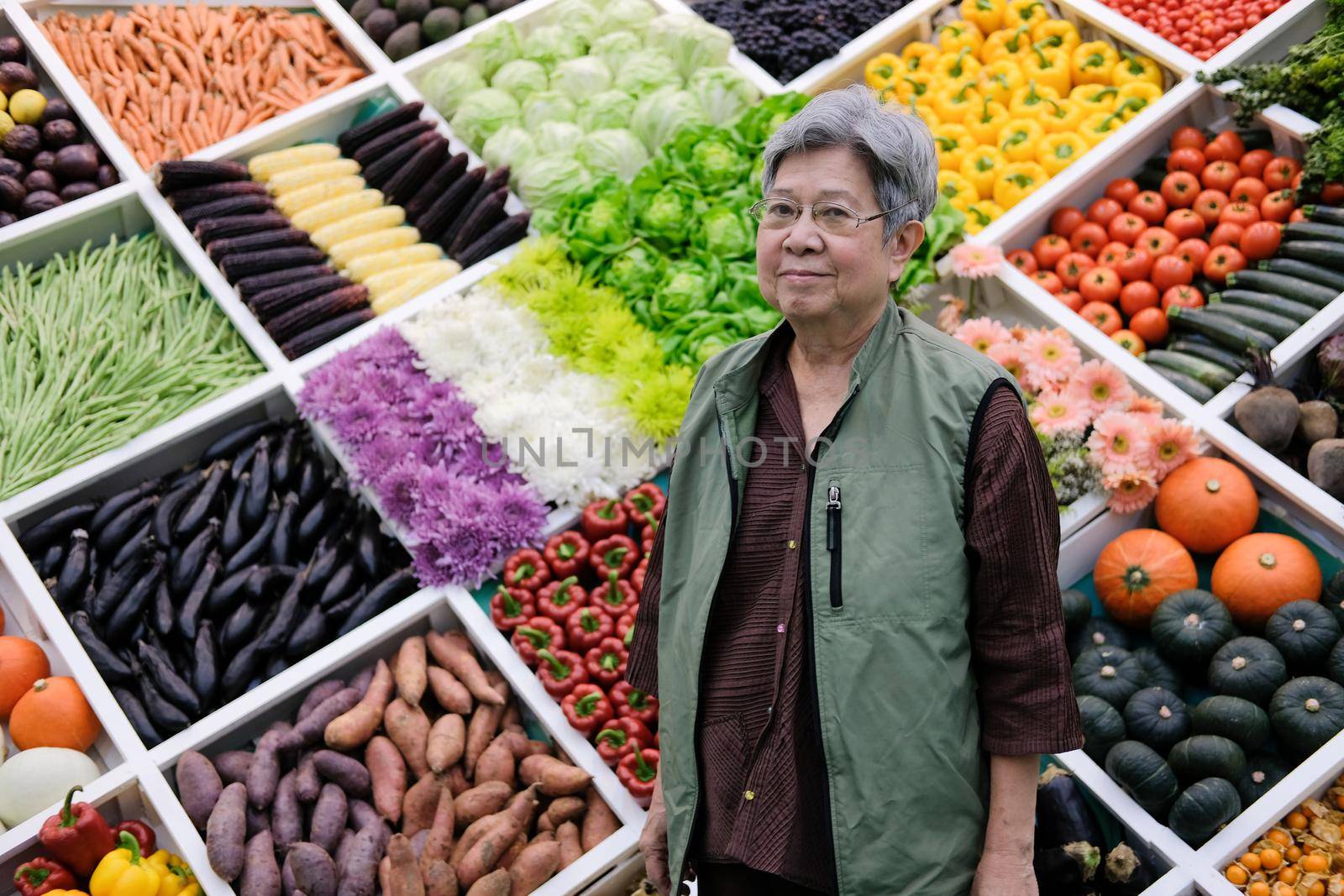 asian old elderly elder woman female with fruit vegetables on shelf from farm