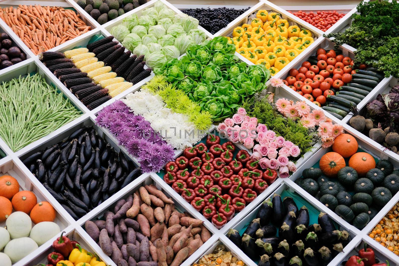 vegetable flower fruit on shelf at market. agriculture produce for sale