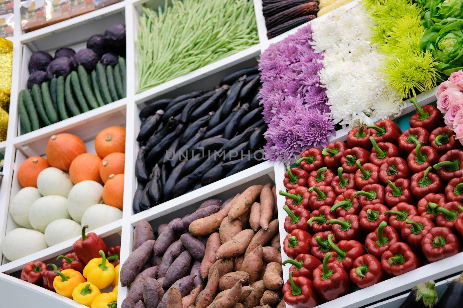 vegetable flower fruit on shelf at market. agriculture produce for sale