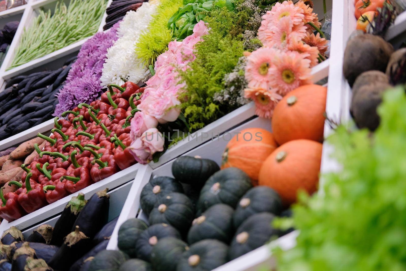vegetable flower fruit on shelf at market. agriculture produce for sale