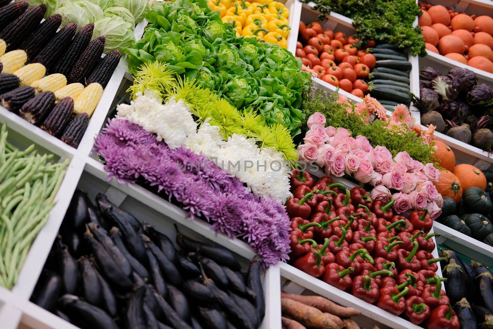 vegetable flower fruit on shelf at market. agriculture produce for sale