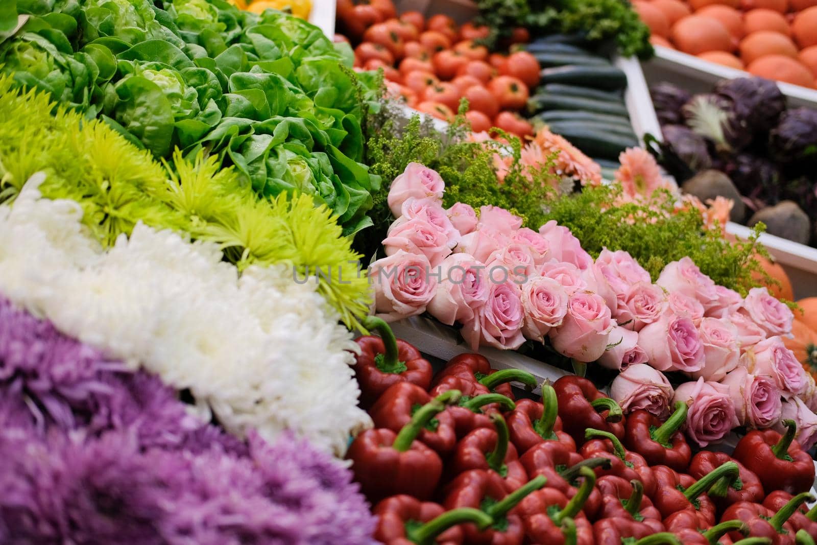 rose flower vegetable on shelf at market. agriculture produce for sale