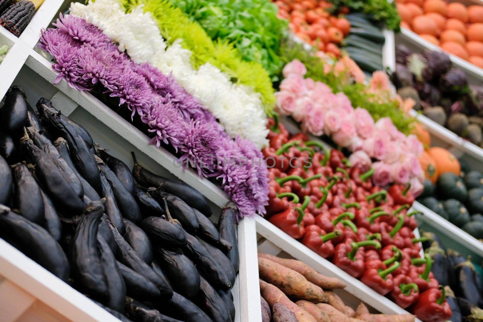 vegetable flower fruit on shelf at market. agriculture produce for sale