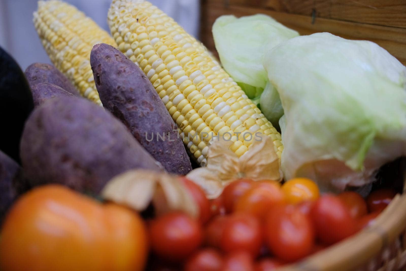 corn, purple sweet potato, tomatoes, lettuce and gooseberries in wicker basket. vegetable harvest from farm