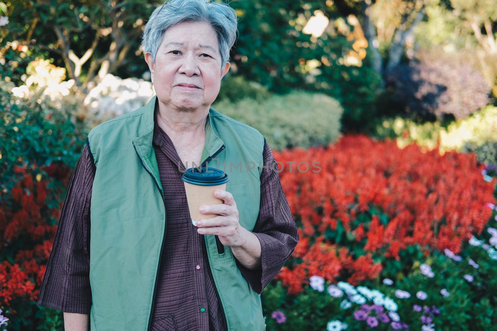 asian old elderly female elder woman drinking coffee tea in garden. senior leisure lifestyle