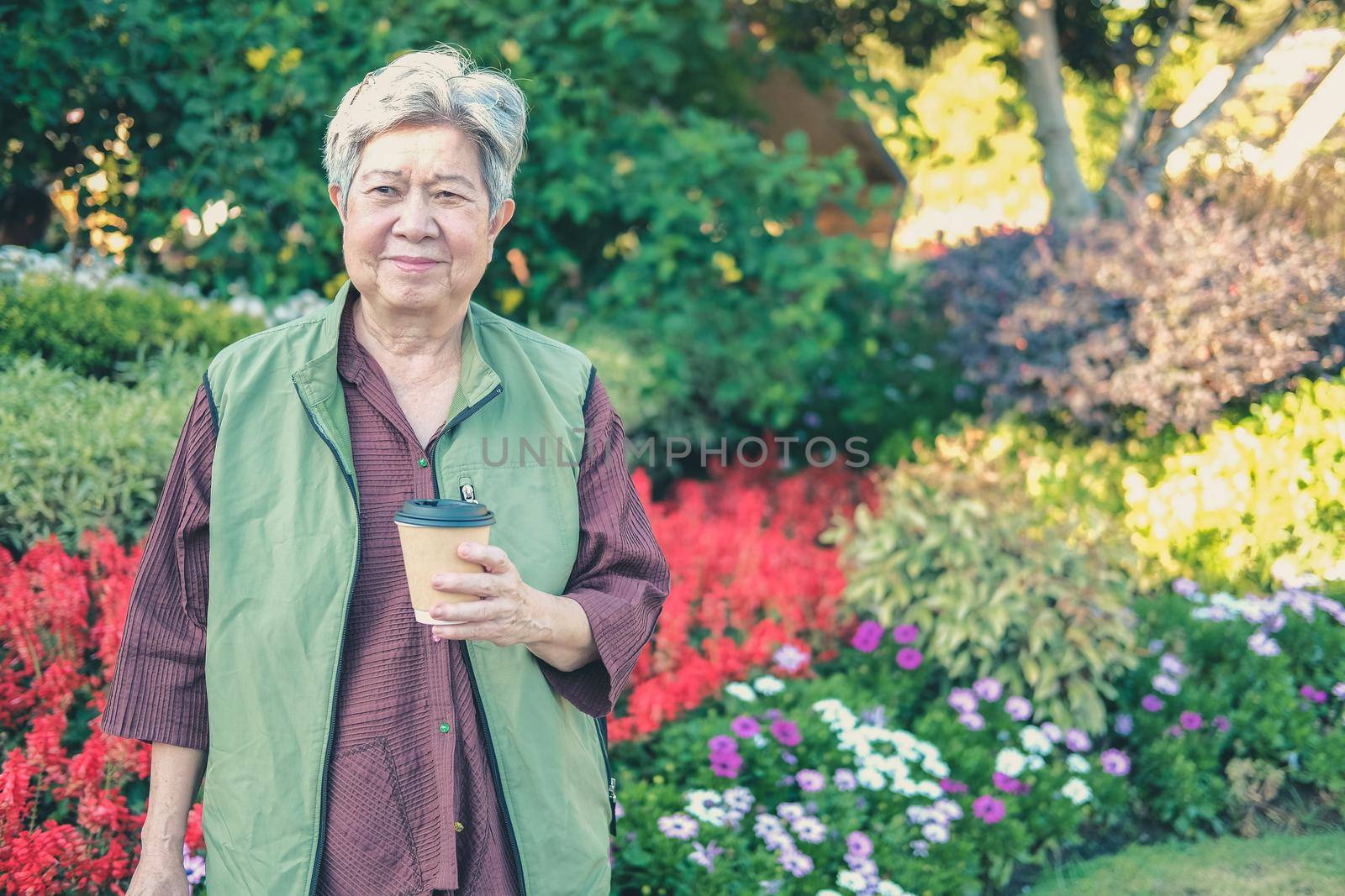 asian old elderly female elder woman drinking coffee tea in garden. senior leisure lifestyle