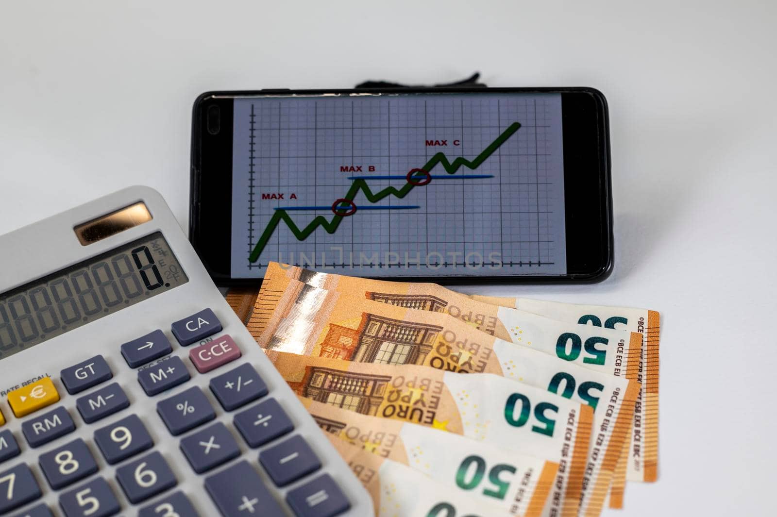 50 euro bills with calculator and graph on white background