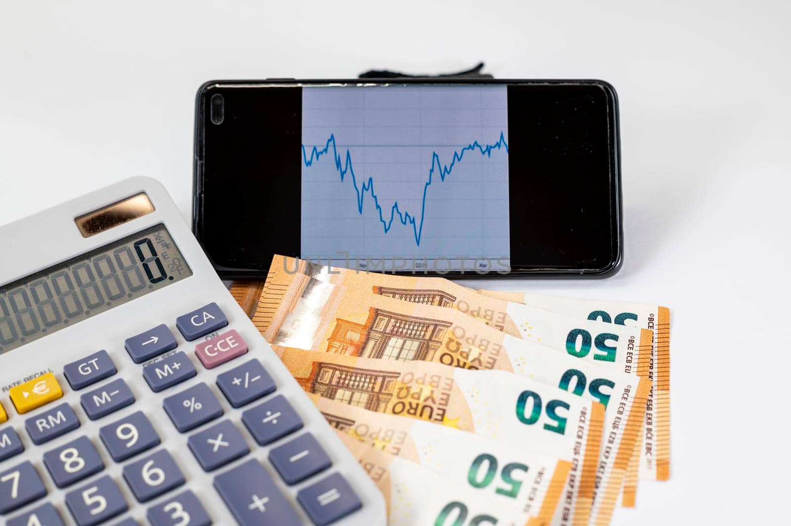 50 euro bills with calculator and graph on white background