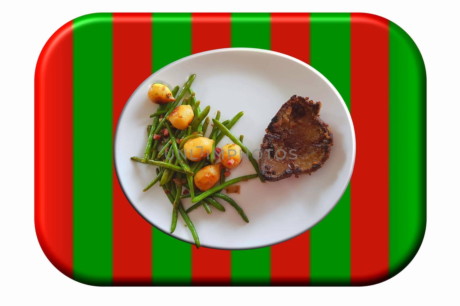 Fried beef liver with vegetables on a white plate on a green-red surface