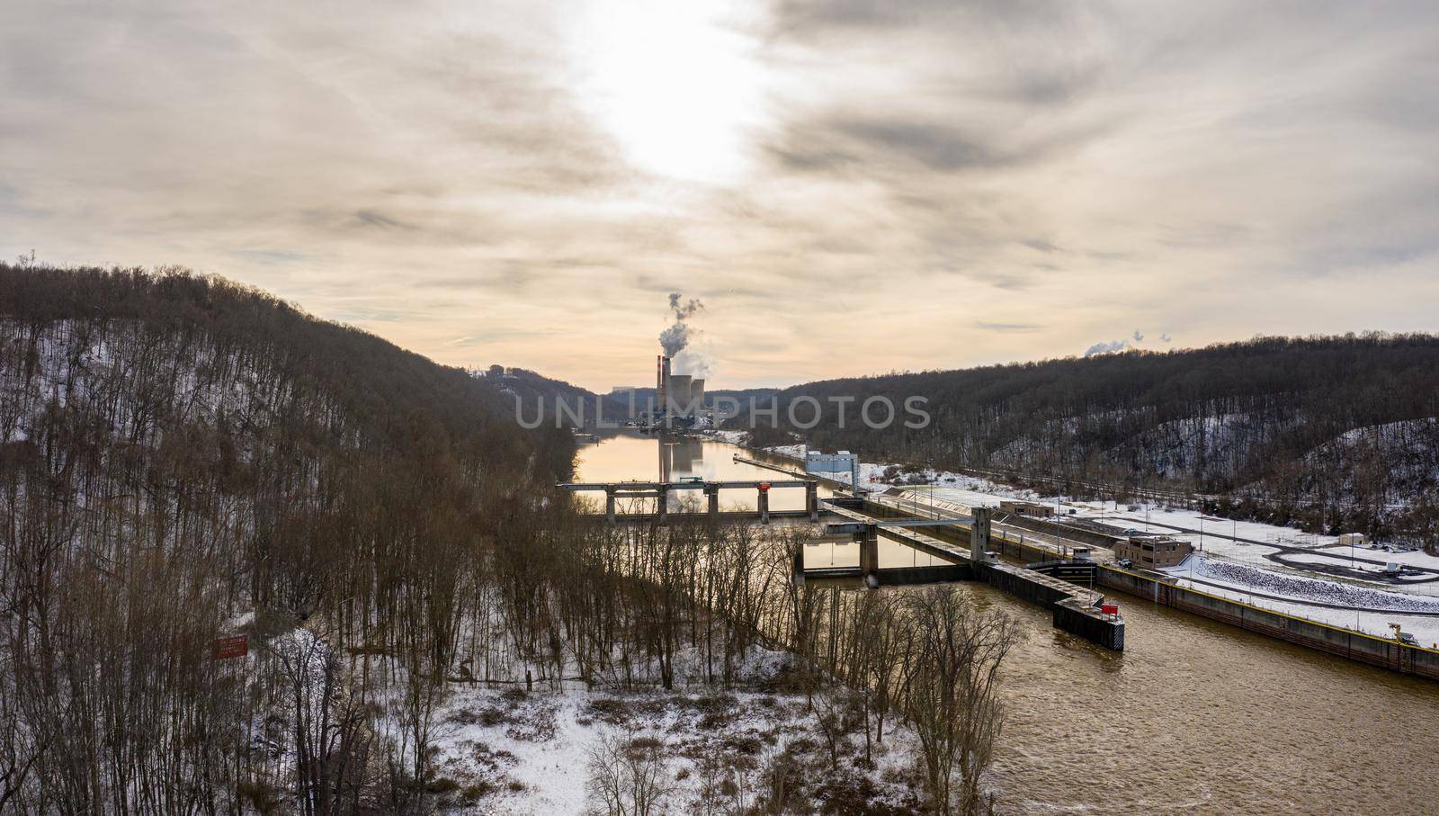 Aerial drone view of the Fort Martin coal powered power station near Morgantown in West Virginia in December with snow on the ground