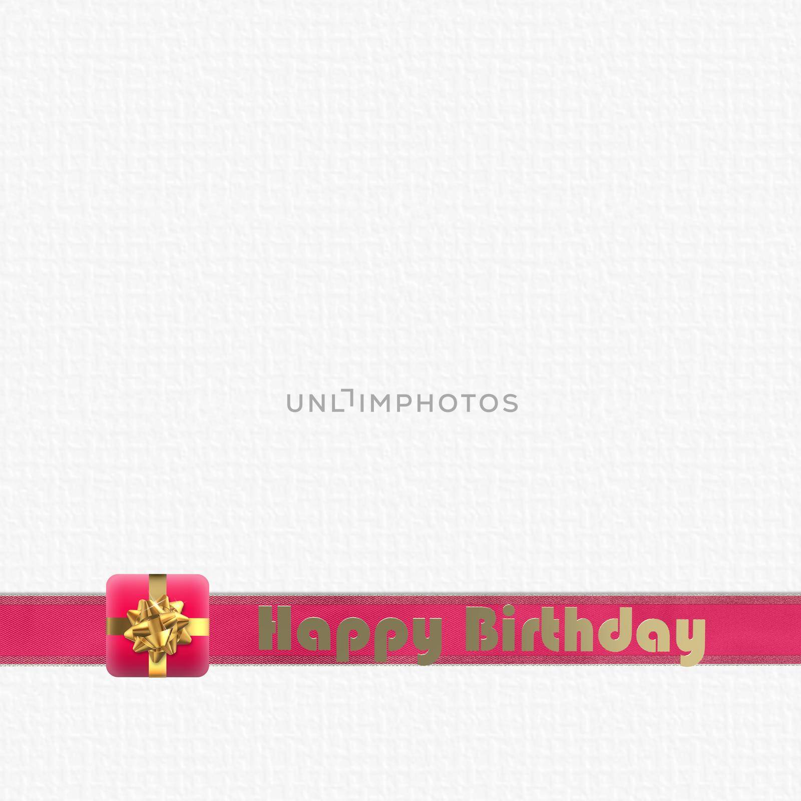 Birthday card on white with pink gift box on ribbon over white background. 3D render. Place for text