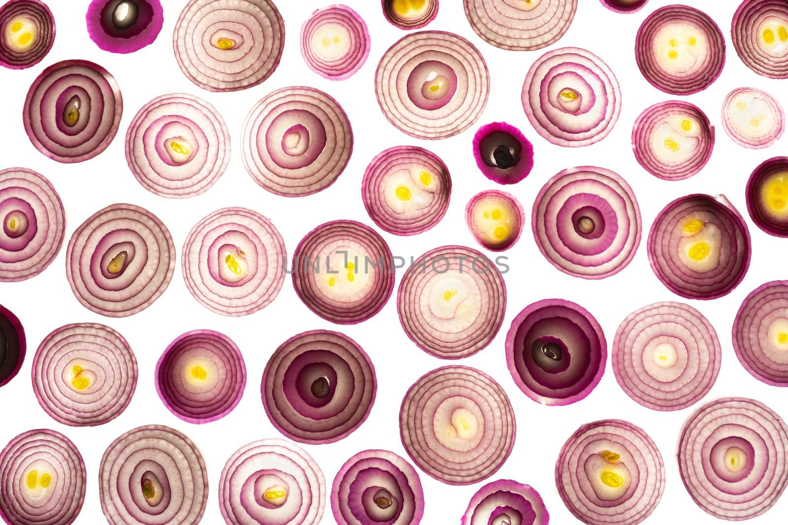 sliced red onions set isolated on white background,top view by sashokddt