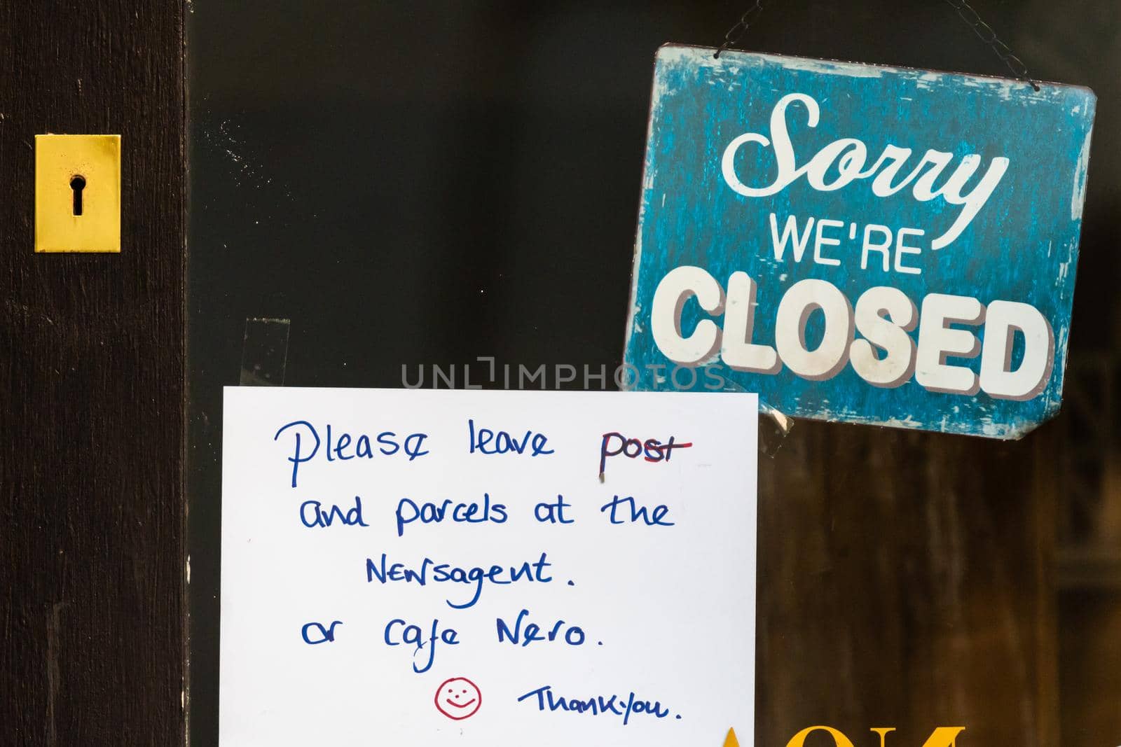 Sorry we are closed sign outside a restaurant during lockdown caused by covid-19 pandemic, Cambridge, UK