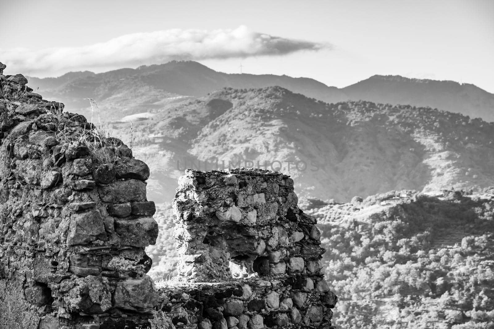 Black and white view of Nebrodi Mountains from Lauria Castle in Castiglione di Sicilia, Italy. High quality photo
