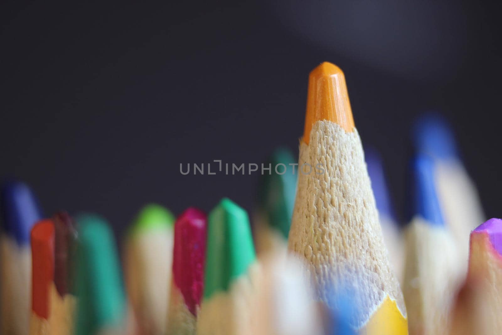 Close-up view of bright colored multicolor pencils on black background