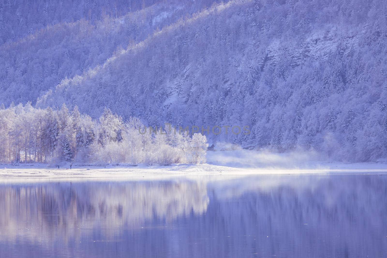 Idyllic winter landscape: Reflection lake, snowy trees and mountains