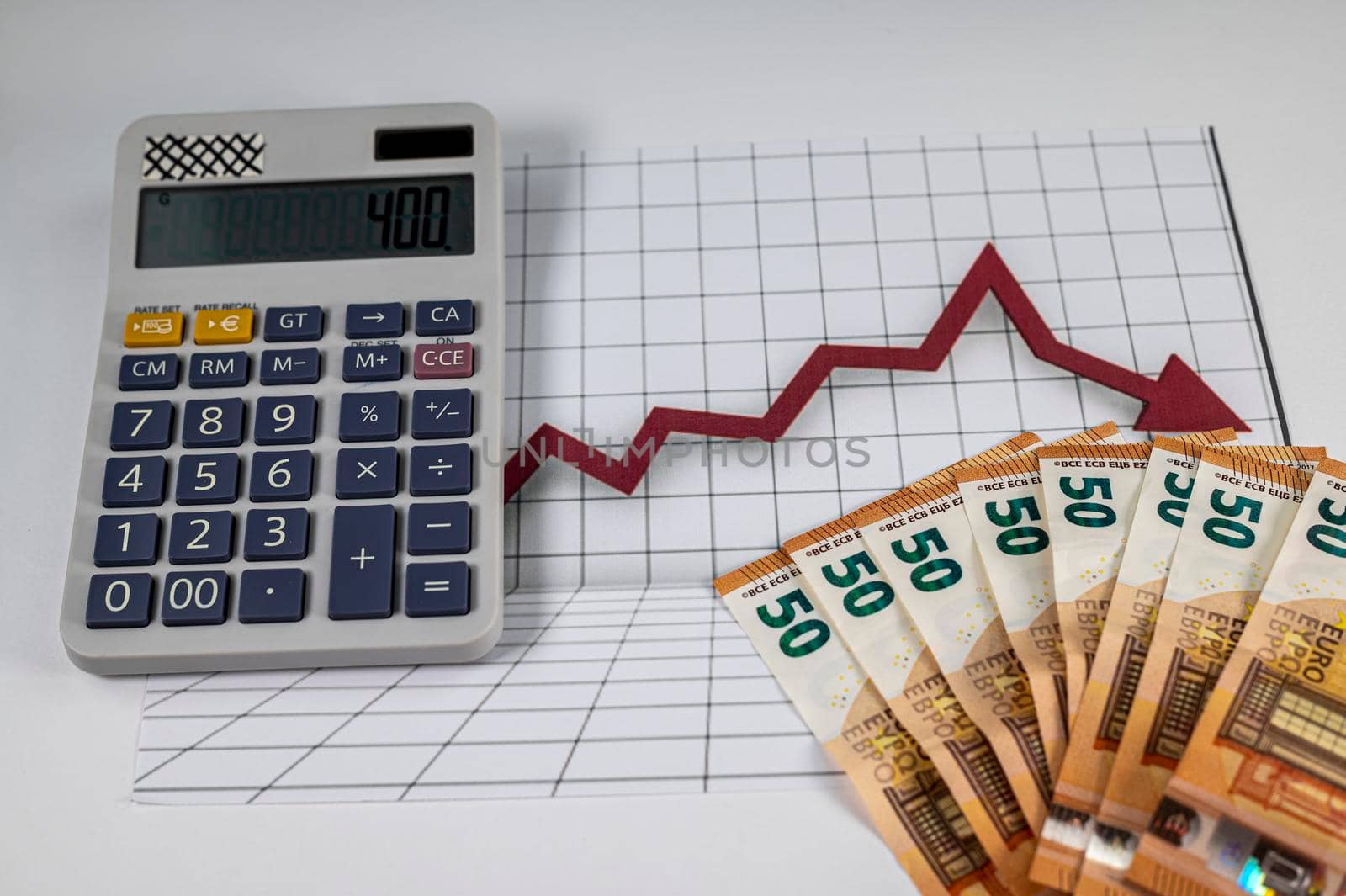 50 euro banknotes with graphs and calculator on white background