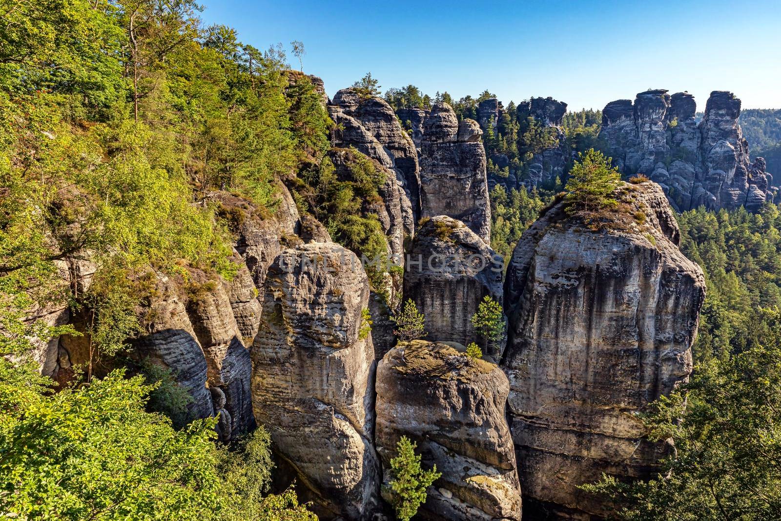 Scenic view of the Bastei rock formation, known as Saxon Switzerland near Dresden, Saxony, Germany