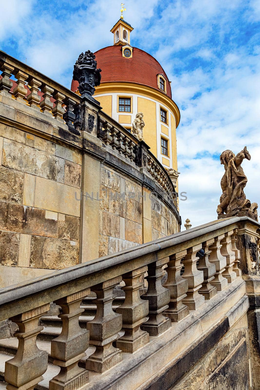 Baroque Moritzburg Castle, a staircase with sculptures leading to the Moritzburg Castle, Moritzburg near Dresden, Saxony, Germany.