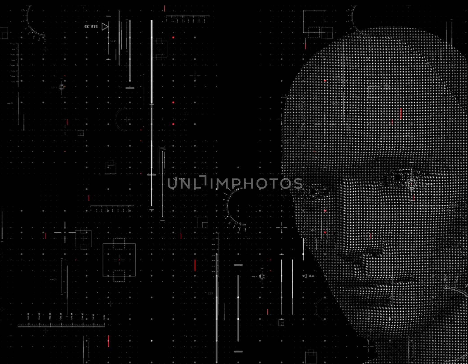 Robot face made from dots with dark background - 3d rendering