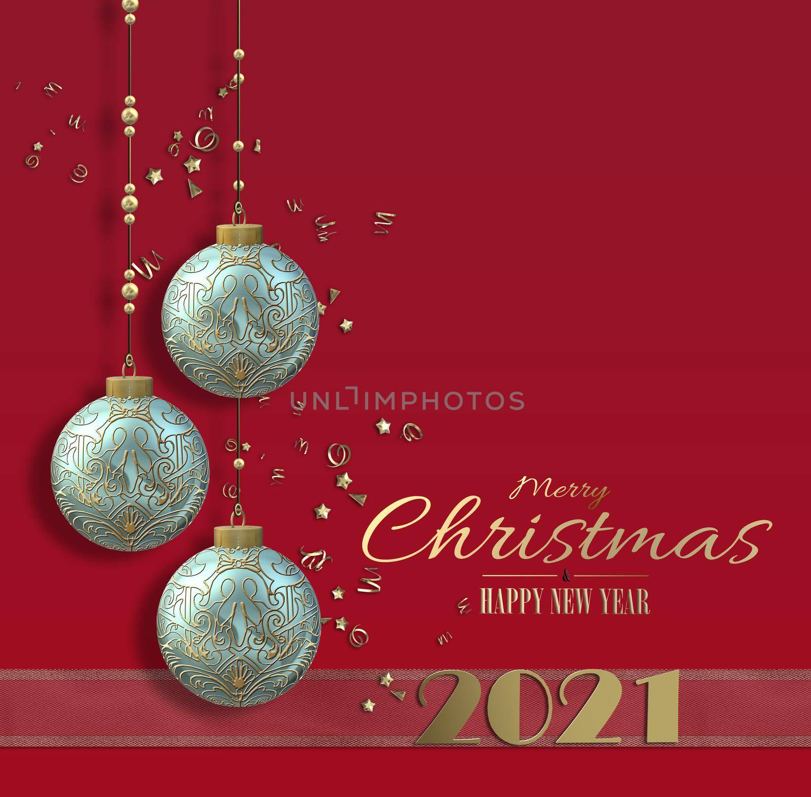 New Year 2021 holiday Christmas card with hanging Xmas balls baubles, gold digit 2021 on red background. Christmas and New Year wishes text. 3D render