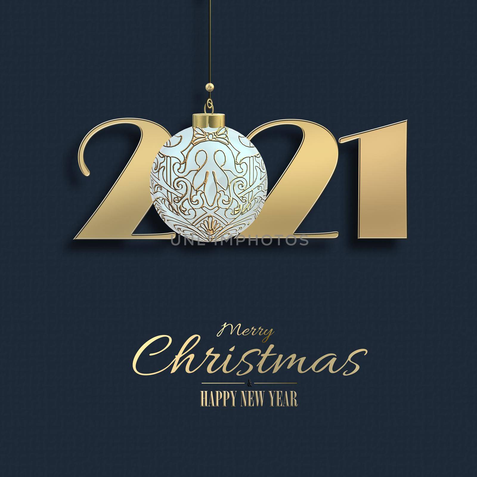 2021 Holiday New Year card with hanging digit number 2021 with Xmas ball on blue black background. Copy space. Christmas New Year greeting text. 3D illustration