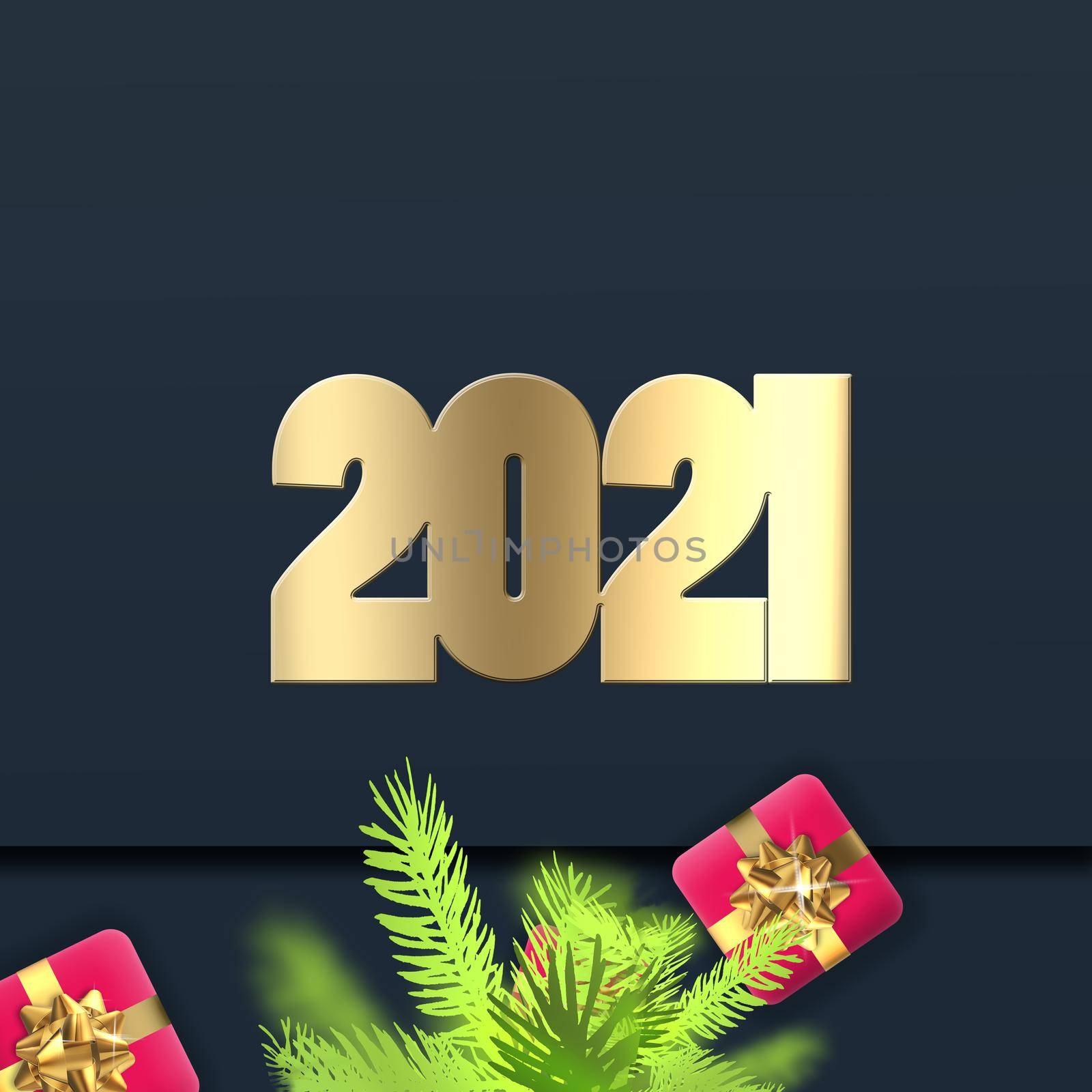 Holiday New Year 2021 card with gold digit 2021, Xmas tree branches, gift boxes on black dark navy blue background. 3D rendering