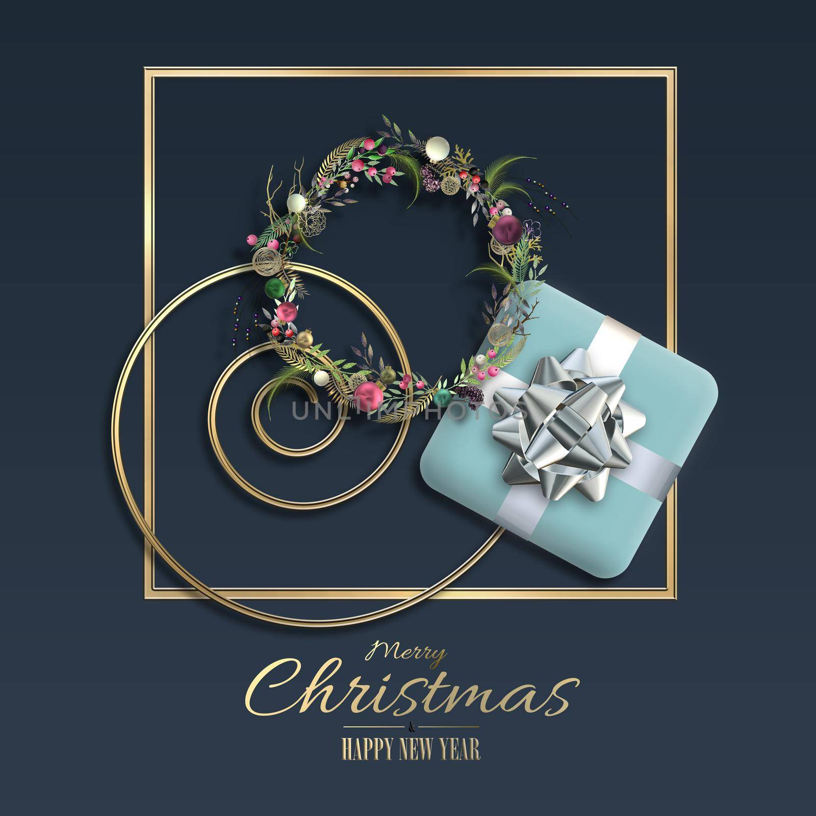 Modern unusual minimalist Christmas ornament in blue gold colours. Xmas realistic wreath, Xmas gift box with silver bow over dramatic blue. Gold text with Christmas wishes. 3D illustration