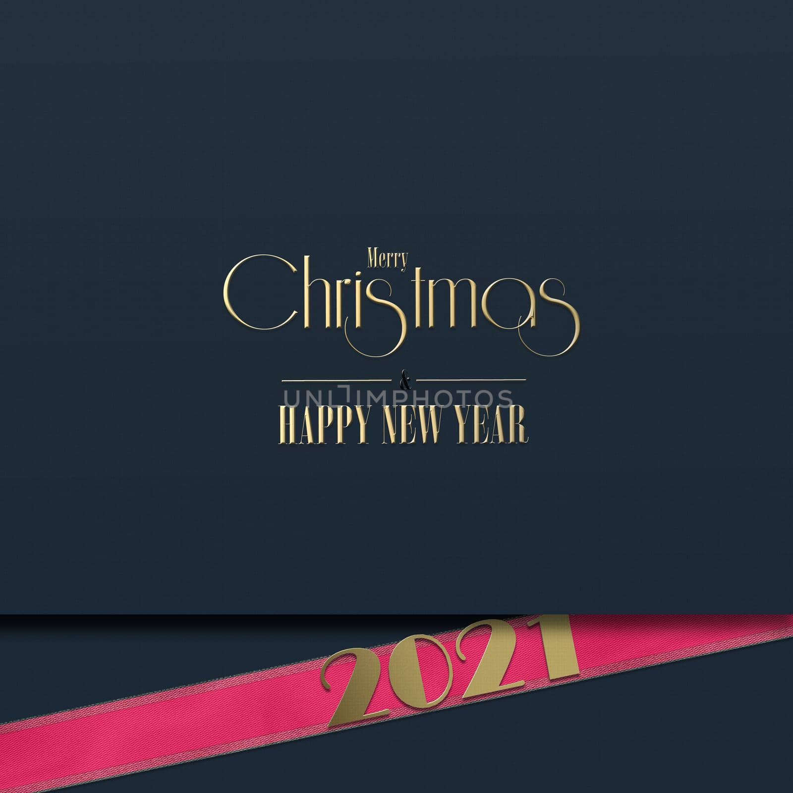 Beautiful elegant Christmas holiday 2021 card with pink ribbon and gold digit 2021 on dark blue black background. 3D rendering. Gold text Merry Christmas Happy New Year. Luxury holiday card