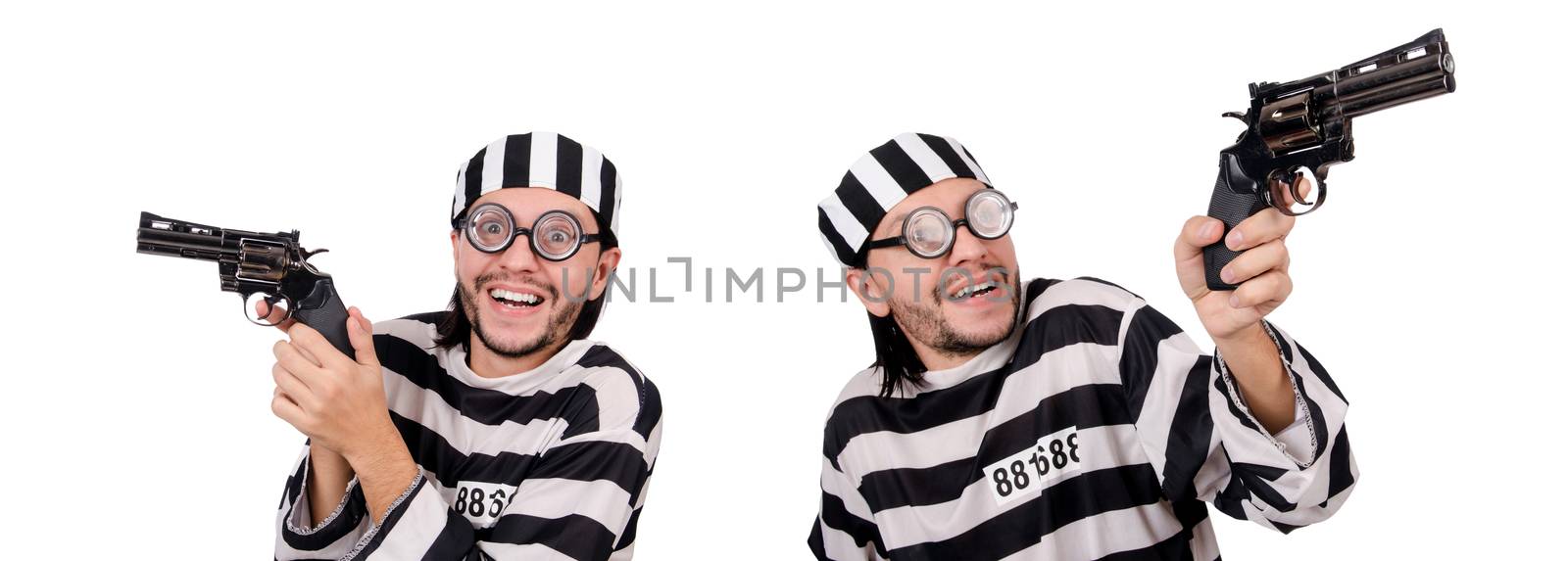 Prison inmate with gun isolated on white