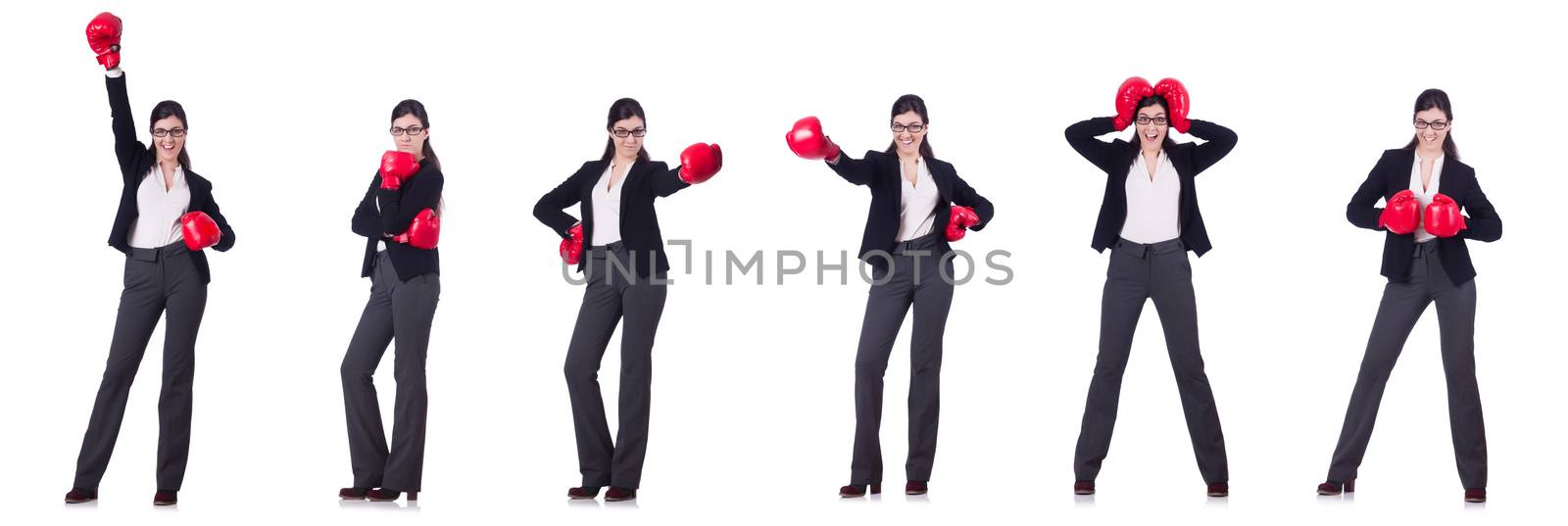 Young boxing businesswoman isolated on white