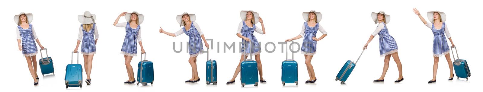 Woman ready for summer travel isolated on white by Elnur