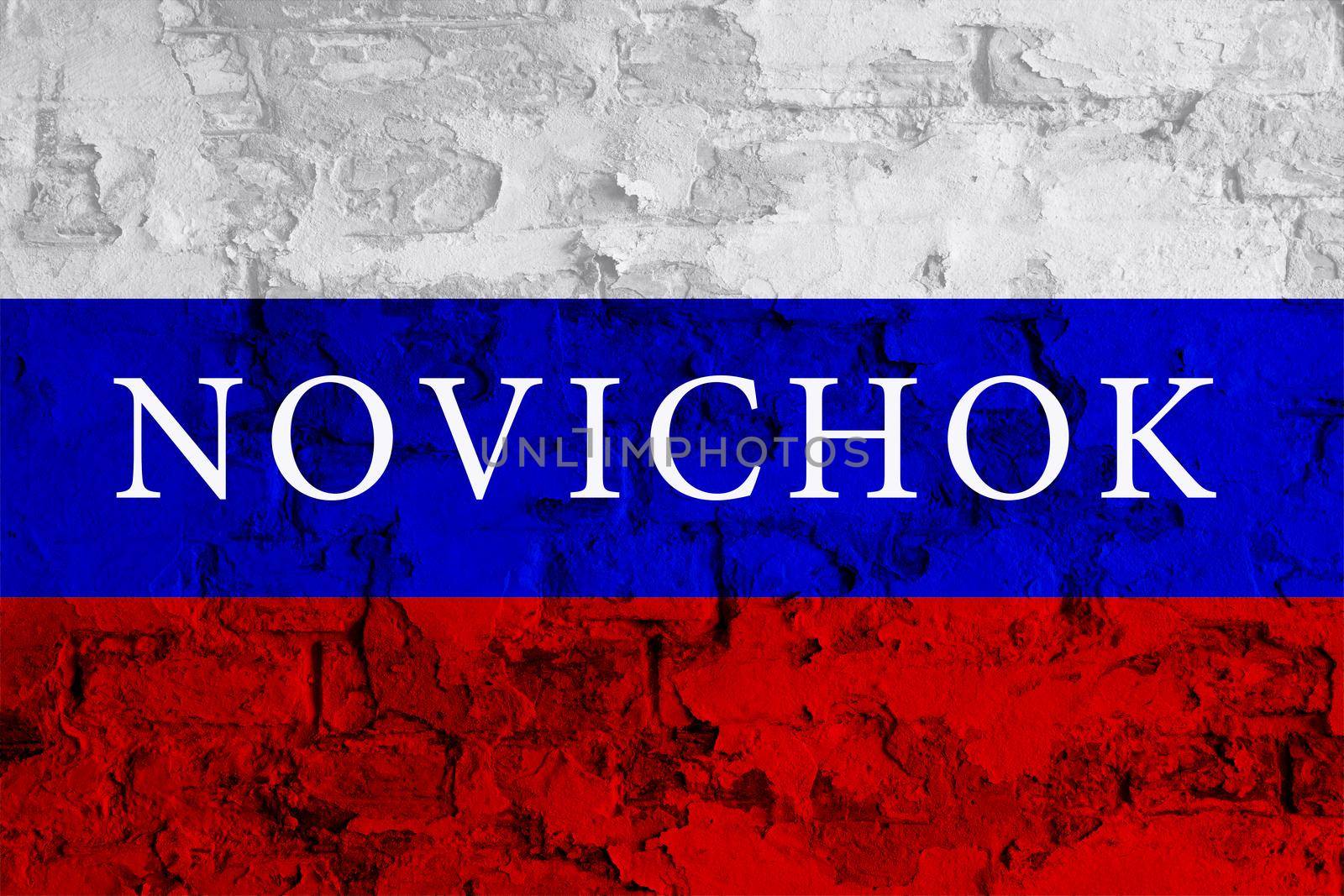 Novichok from Russia. Novichok on Russia flag. Chemical weapons. Extremely toxic chemical. Navalny news. Poisoning from Russia. Related Putin. FSB. Russia threat. Intelligence services. Agent poison by synel