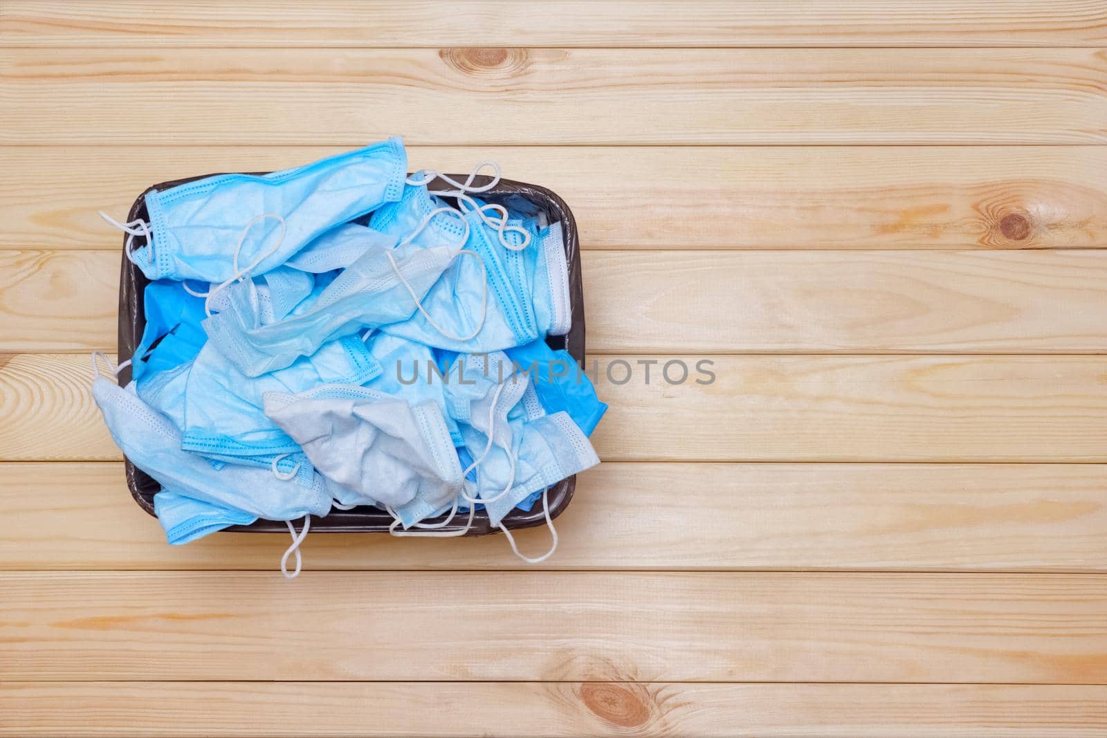 Bin with Mask. Medical Waste Disposal. Garbage Mask. Contaminated. Mask into Trash Bin. Discarded Surgical Masks. Used Disposable Mask. Covid-19 Trash. Medical Waste Container. Coronavirus Garbage