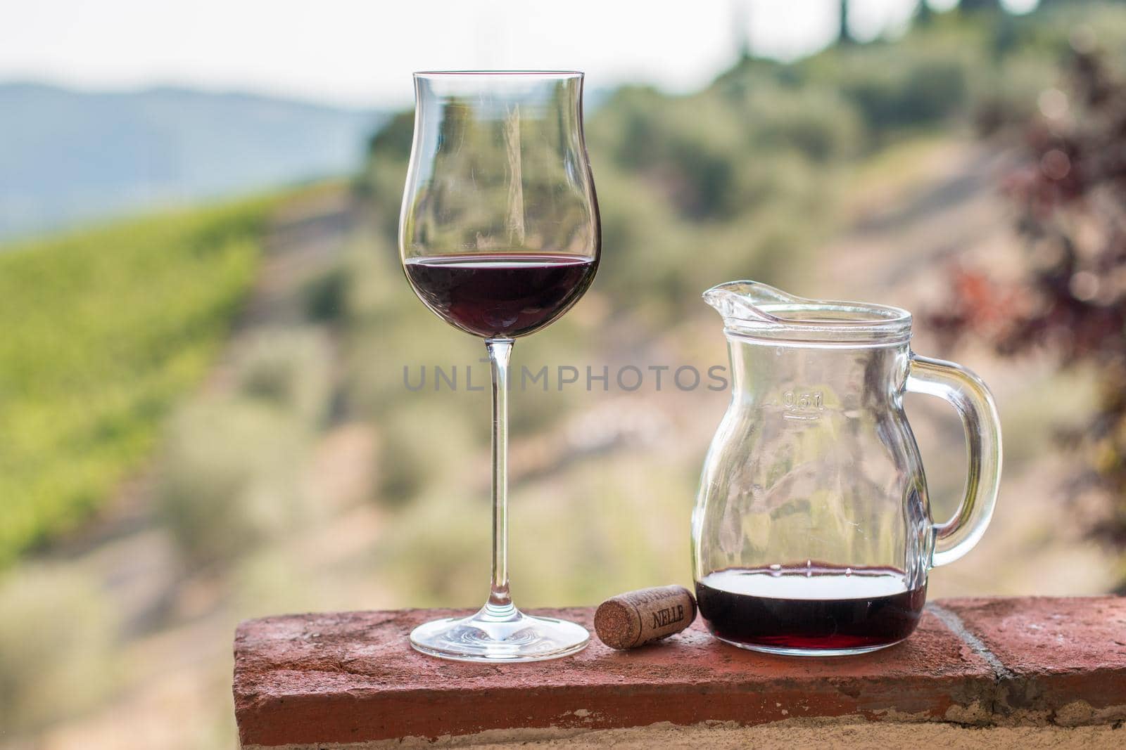Enjoying a glass of red wine at Tuscany, Italy. Blurry wine yards in the background.