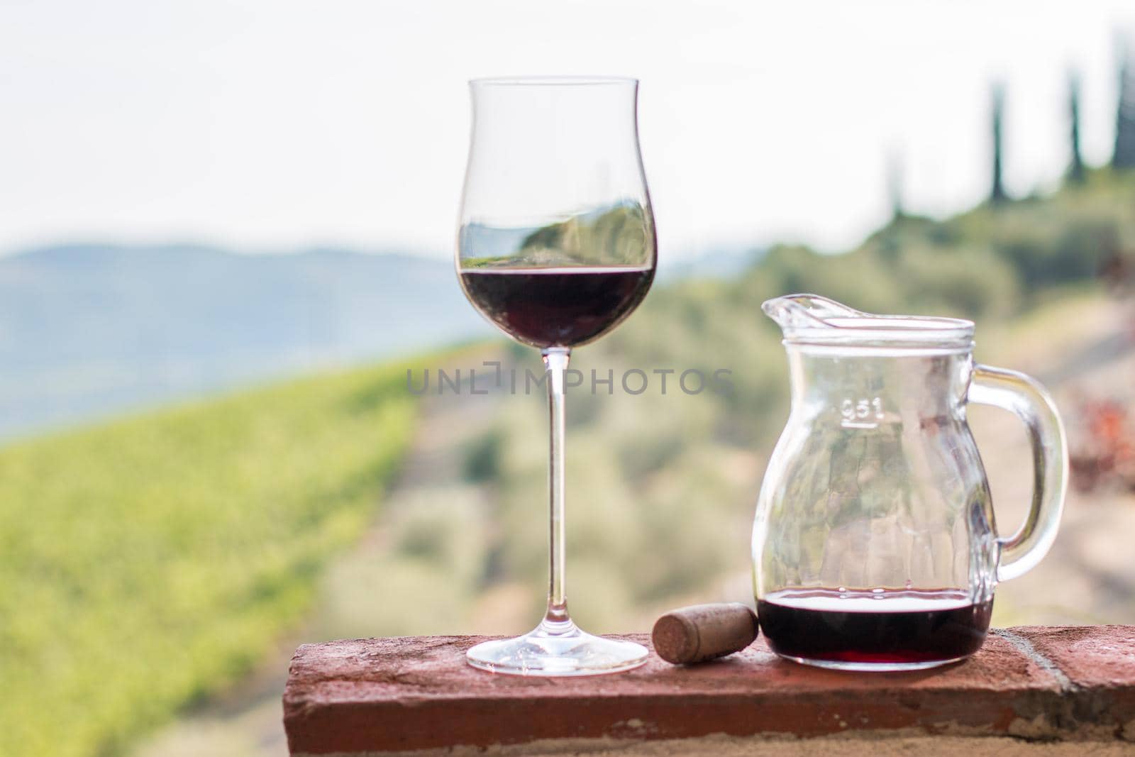 Enjoying a glass of red wine at Tuscany, Italy. Blurry wine yards in the background.
