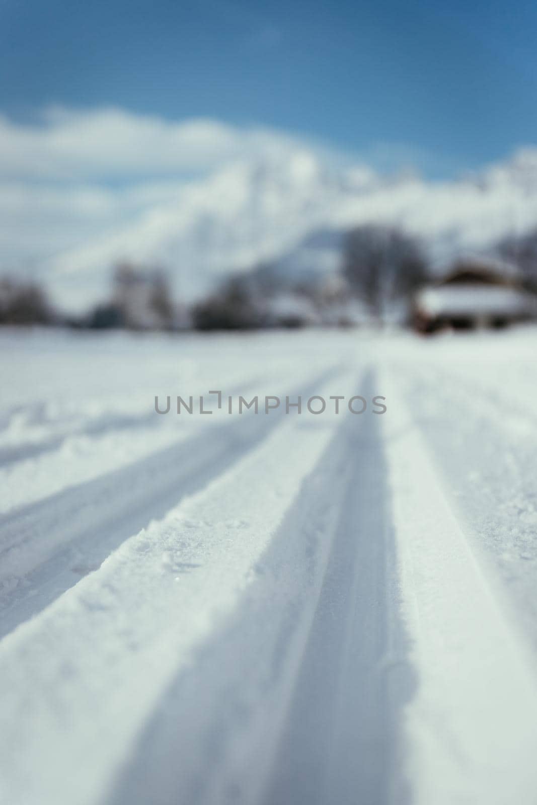 Cross-country skiing in Austria: Slope, fresh white powder snow and mountains, blurry background by Daxenbichler