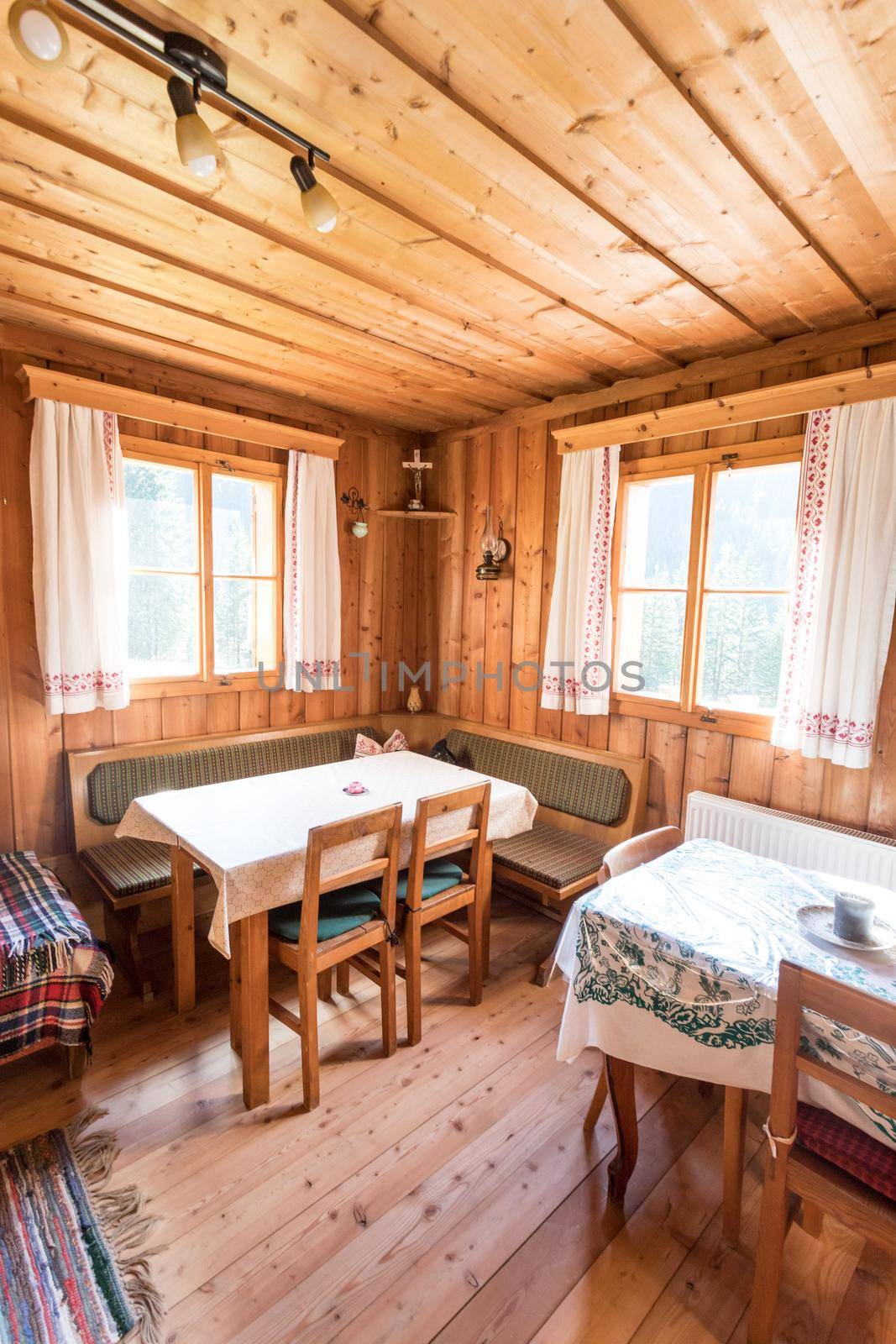 Inside of a rustic wooden hut or cabin, Austria