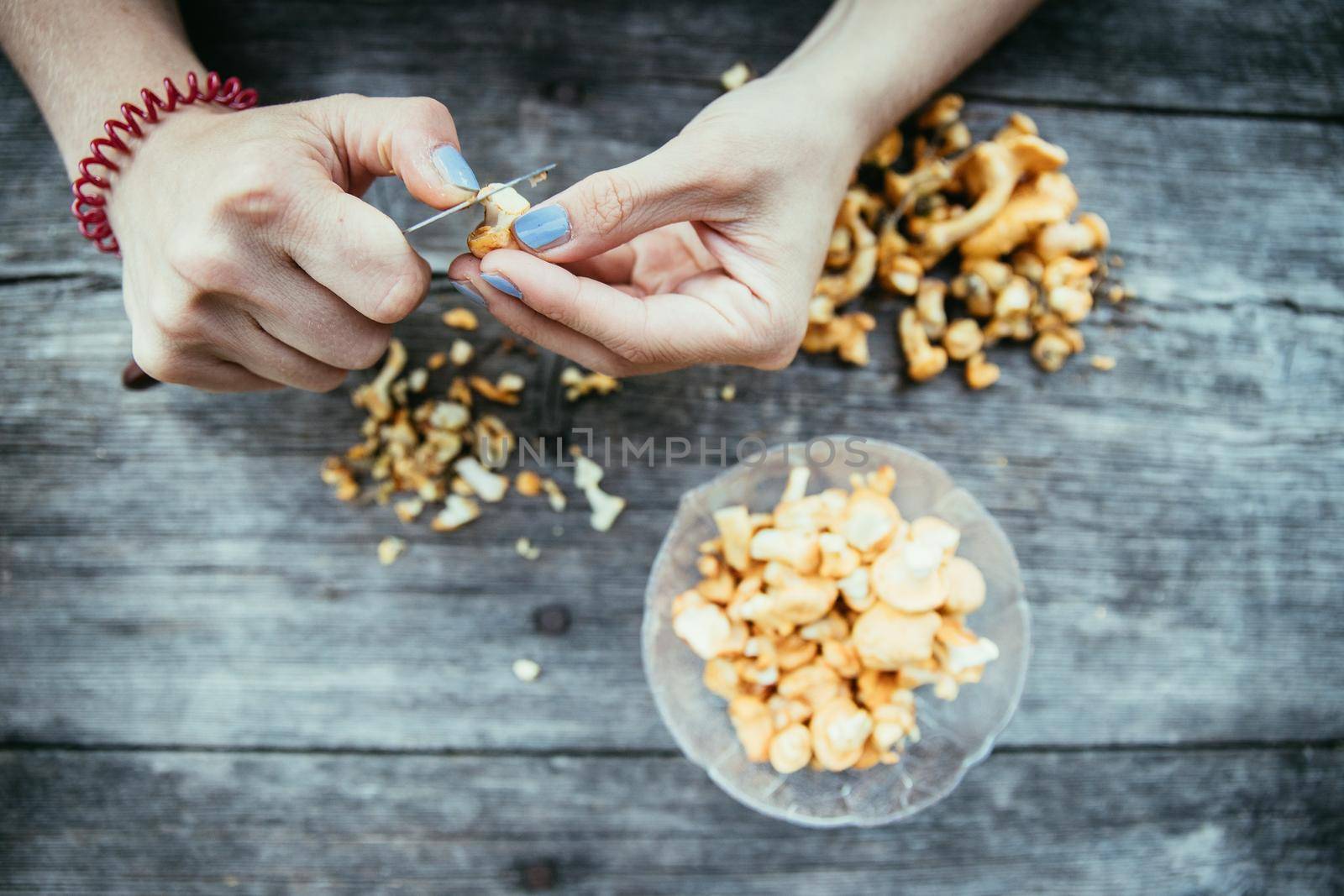 Preparing chanterelle mushrooms on an old rustic wooden table