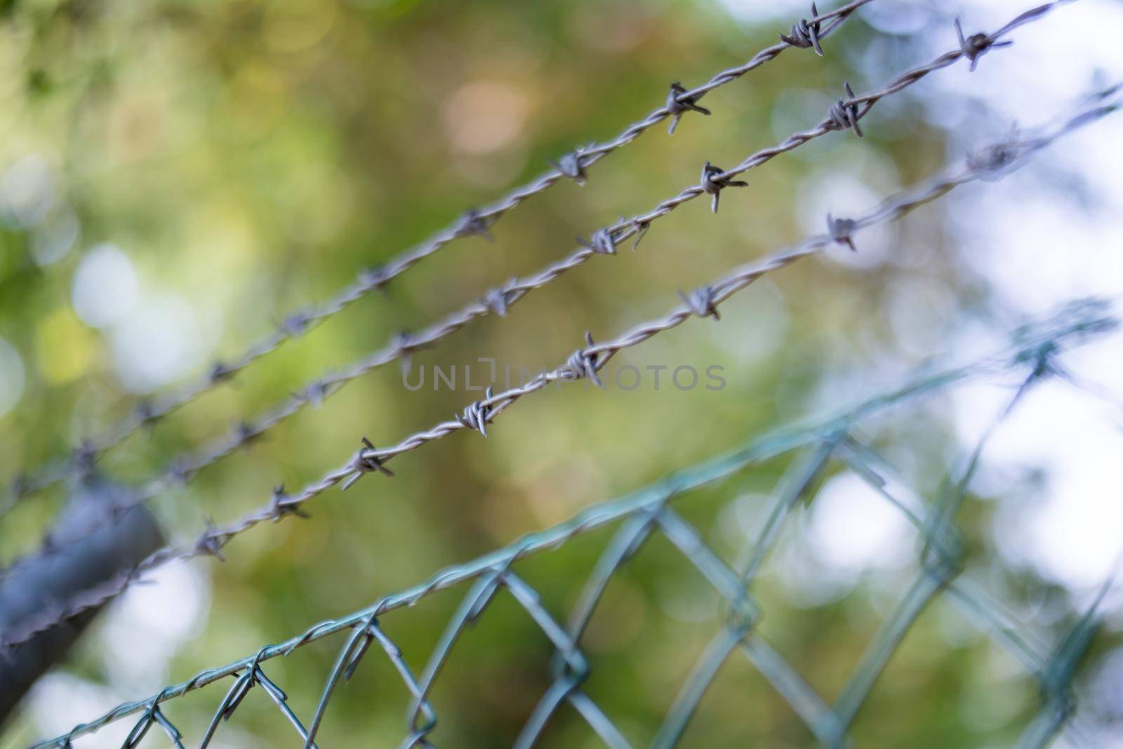 Barbed wire on a metal fence to demarcate the border, closeup, blurry background
