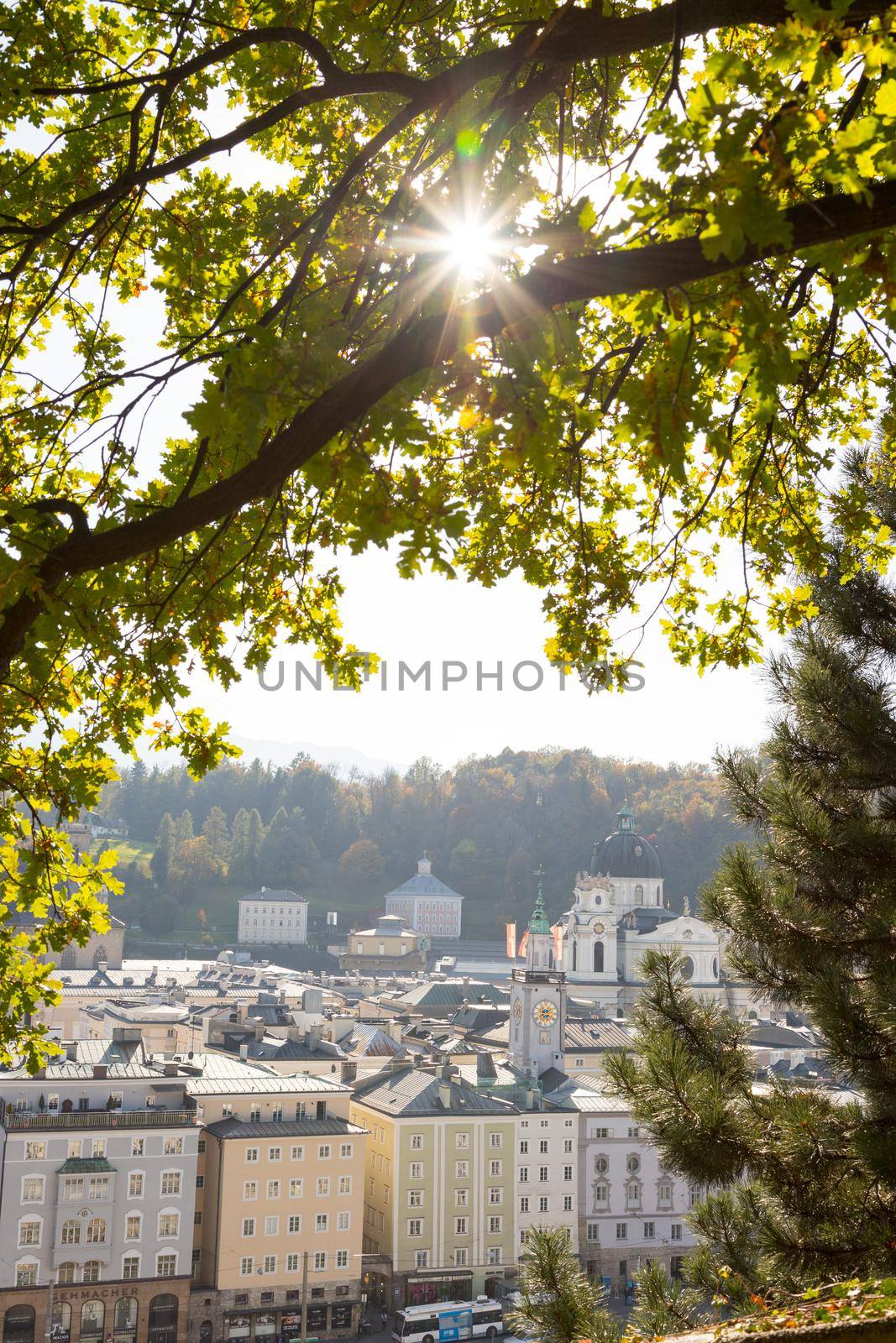 Salzburg historic district at autumn time, colorful leaves and colors with sunshine, Austria