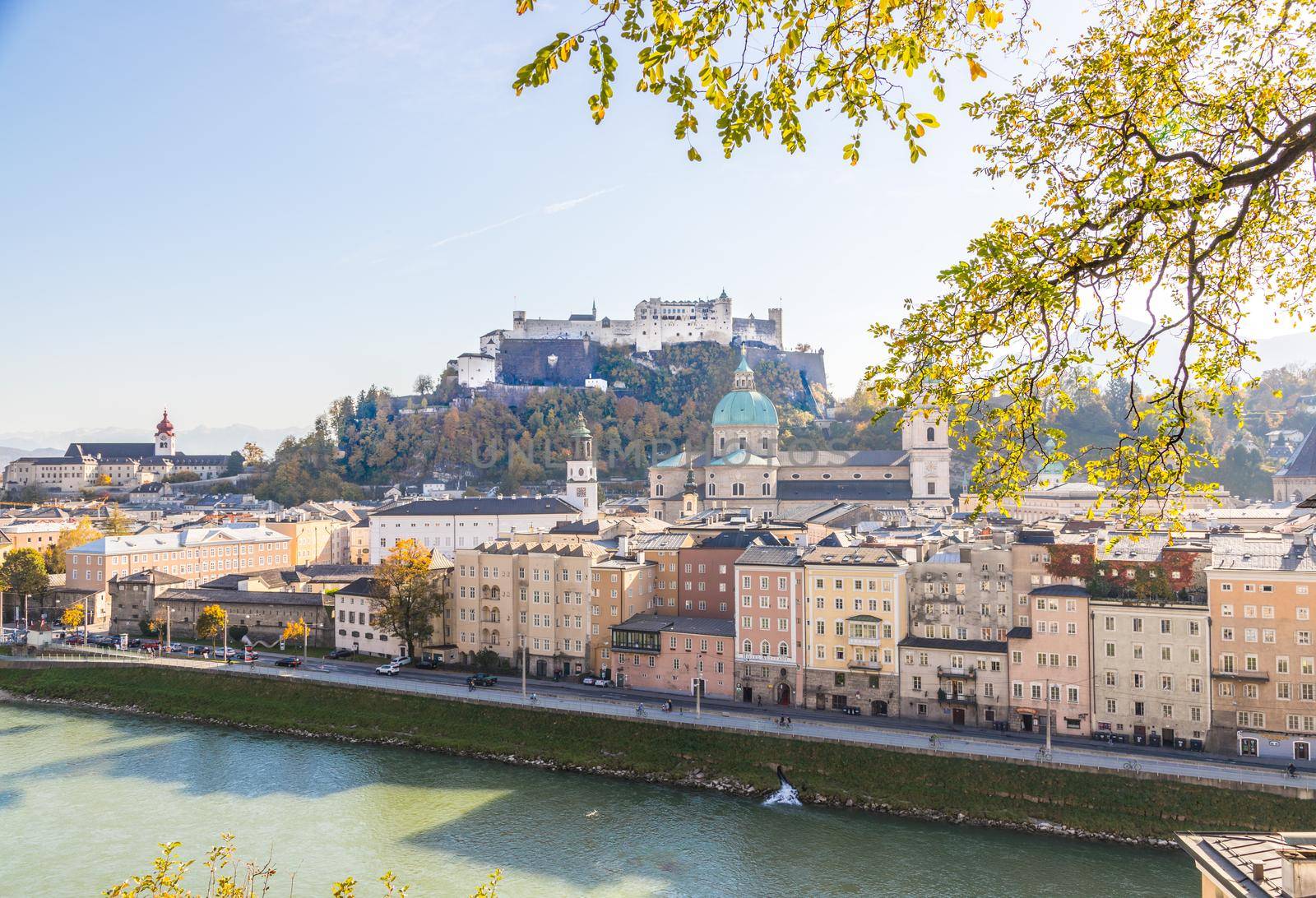 Salzburg historic district at autumn time, colorful leaves and colors with sunshine, Austria