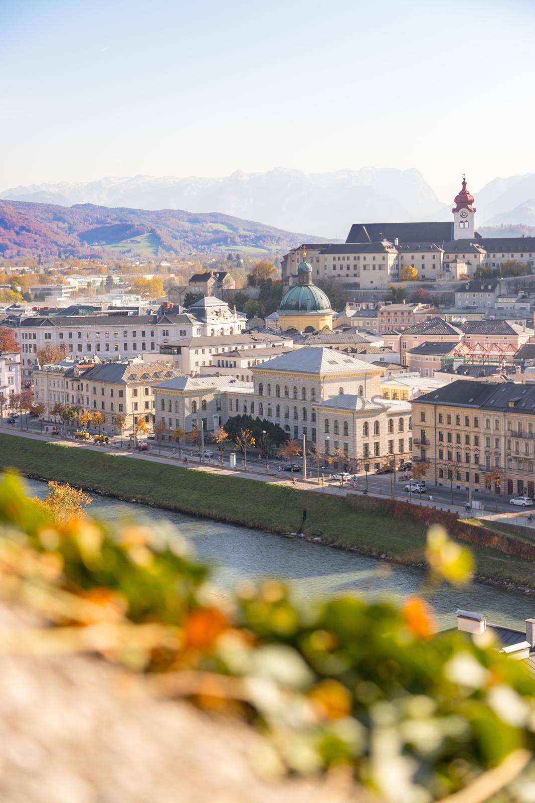 Salzburg historic district at autumn time, colorful leaves and colors with sunshine, Austria